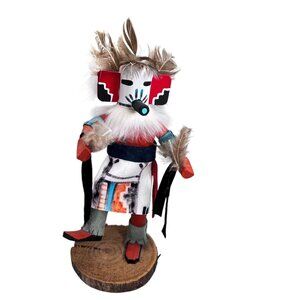 Vtg Native American Hopi Kachina Warrior Doll Signed Feathers Wooden Base